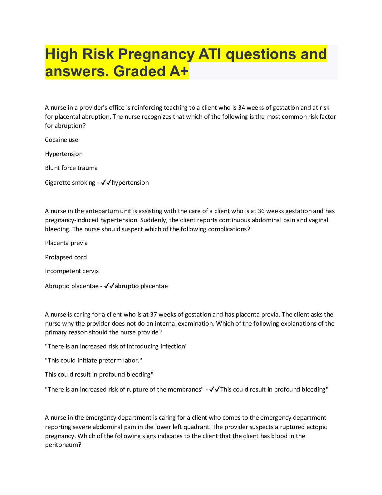 Preview of High Risk Pregnancy ATI questions and answers. Graded A+